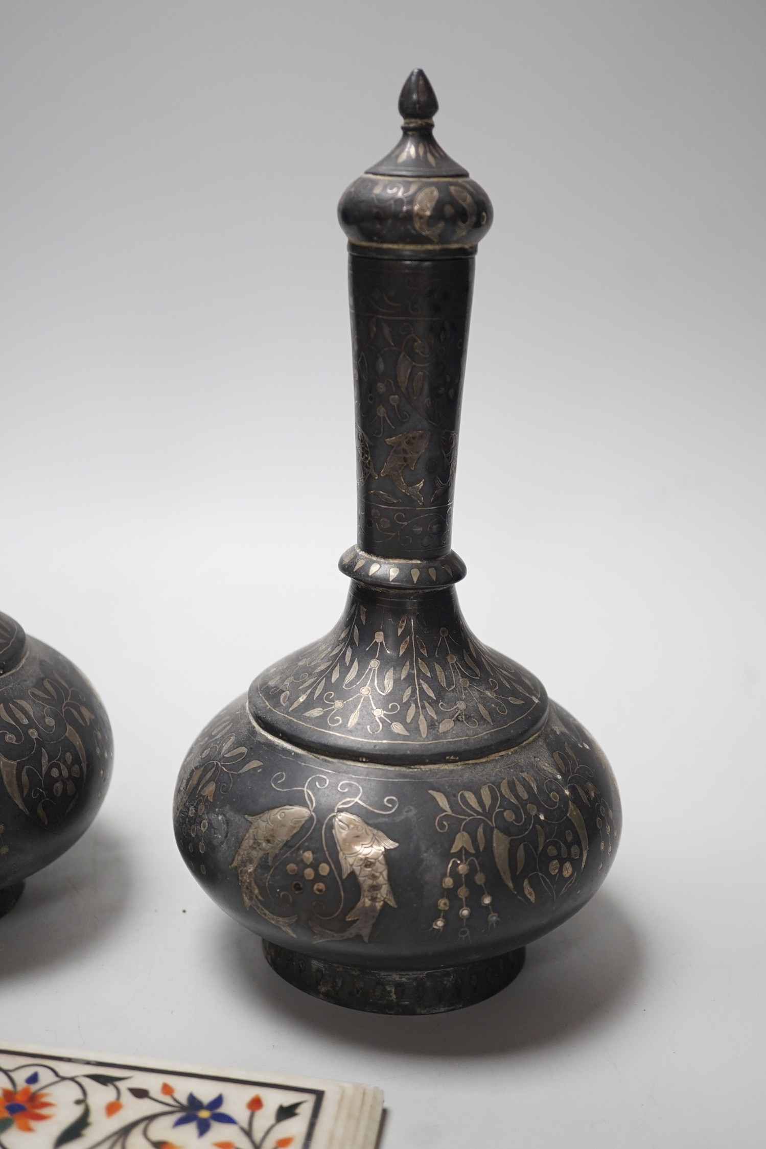 A pair of 19th century Indian Bidri ware water bottles of covers and a Pieter Durer plaque, bottles and covers 25cms high